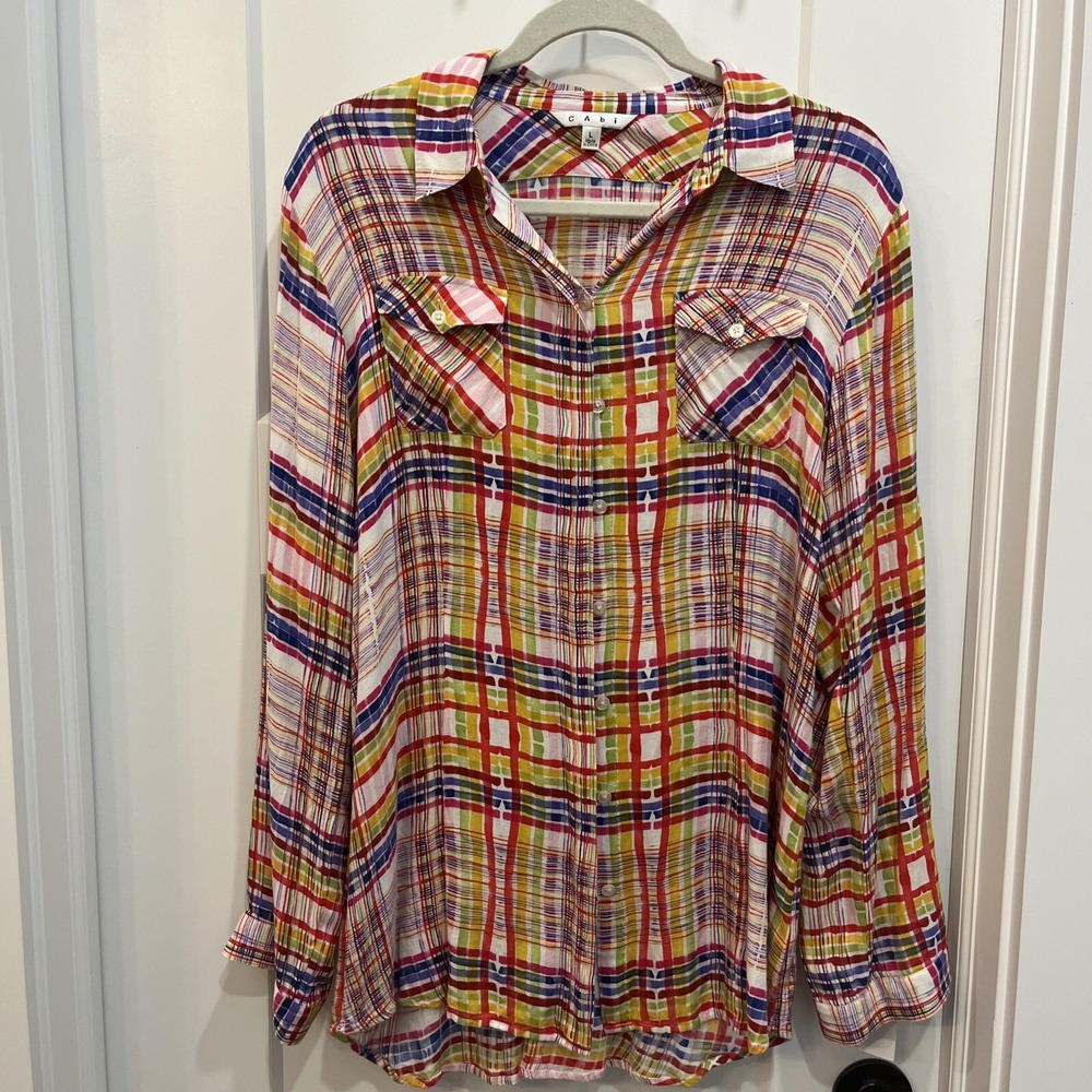 Cabi Women's Large Cirque Plaid‎ #797 Button Down Shirt Rainbow Roll Tab Sleeve